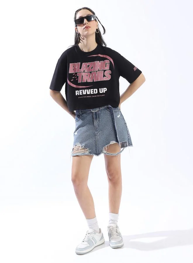 HIGH STAR Women's Black 100% Cotton Printed Cropped Boxy Fit T-Shirt